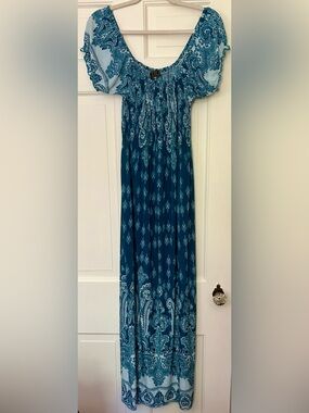 BATIK BOHO TURQUOISE PRINT PULLOVER SUPER LONG MAXI DRESS ON/OFF SHOULDER OS CAL